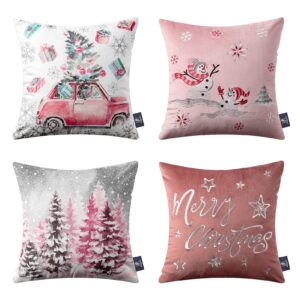 phantoscope set of 4 merry christmas decorative print and embroidery velvet throw pillow covers snowman, star, snowflake, tree cushion cover, pink, 18 x 18 inches, 45 x 45 cm