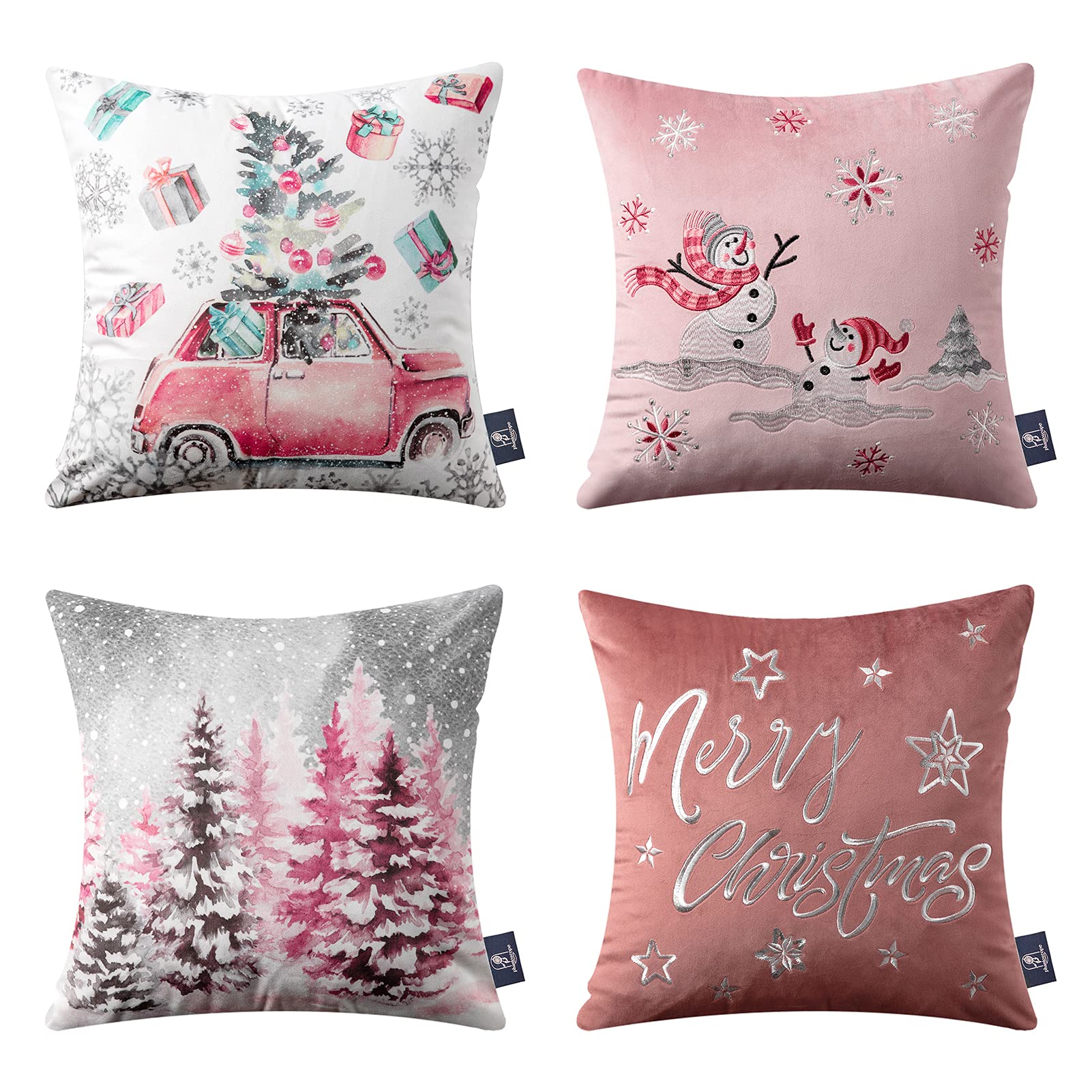 Phantoscope Set of 4 Merry Christmas Decorative Print and Embroidery Velvet Throw Pillow Covers Snowman, Star, Snowflake, Tree Cushion Cover, Pink, 18 x 18 inches, 45 x 45 cm