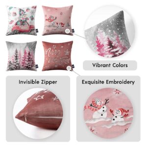 Phantoscope Set of 4 Merry Christmas Decorative Print and Embroidery Velvet Throw Pillow Covers Snowman, Star, Snowflake, Tree Cushion Cover, Pink, 18 x 18 inches, 45 x 45 cm