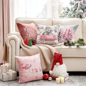 Phantoscope Set of 4 Merry Christmas Decorative Print and Embroidery Velvet Throw Pillow Covers Snowman, Star, Snowflake, Tree Cushion Cover, Pink, 18 x 18 inches, 45 x 45 cm