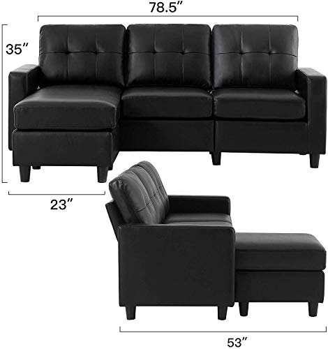 HONBAY Faux Leather Sectional Sofa Convertible L Shape Couch for Small Space, Black