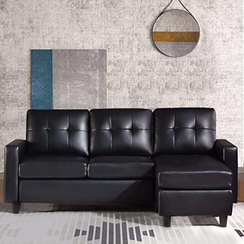 HONBAY Faux Leather Sectional Sofa Convertible L Shape Couch for Small Space, Black