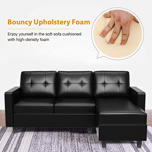 HONBAY Faux Leather Sectional Sofa Convertible L Shape Couch for Small Space, Black