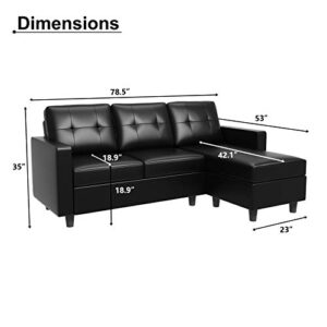 HONBAY Faux Leather Sectional Sofa Convertible L Shape Couch for Small Space, Black