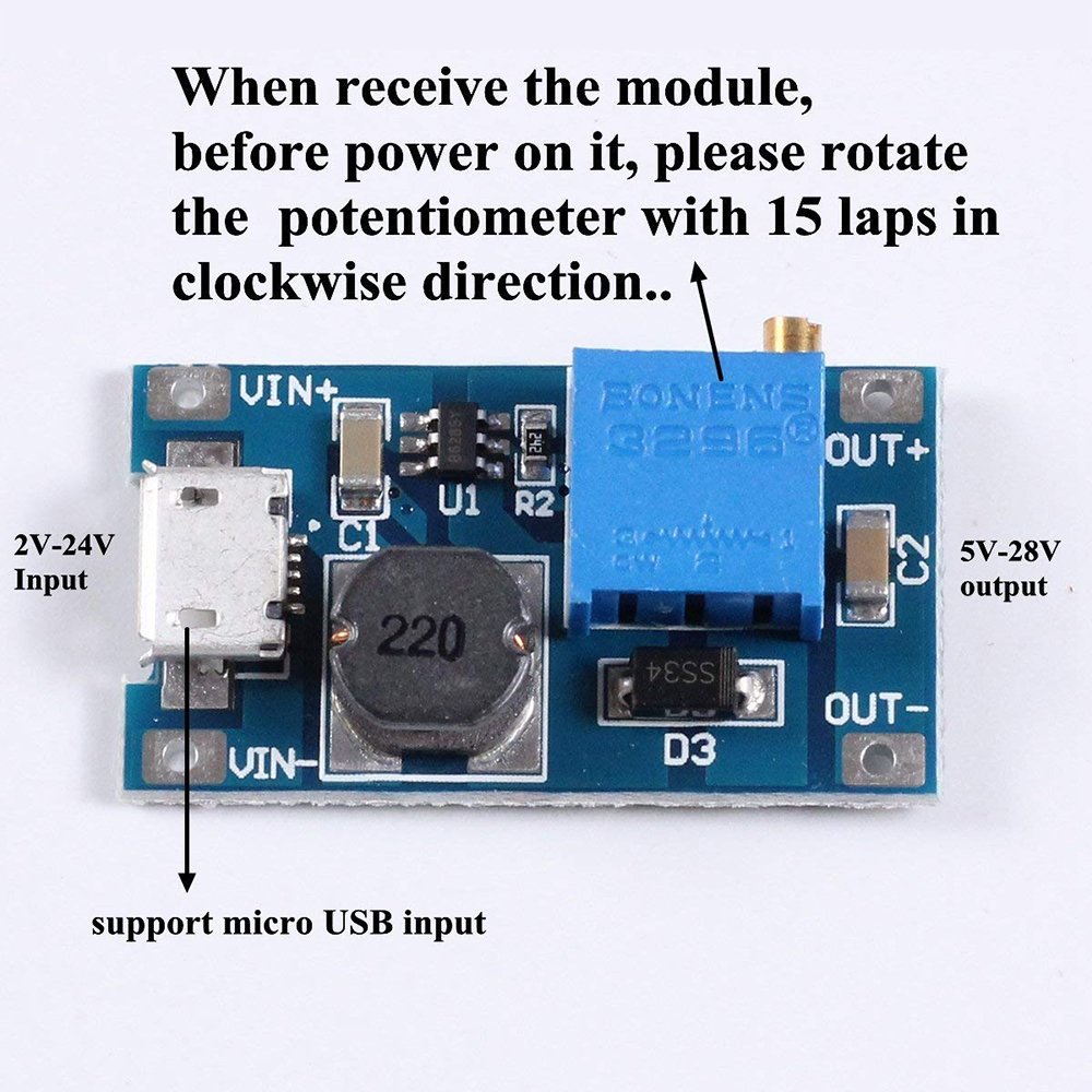 Eiechip dc to dc Step up Converter DC Voltage Regulator Voltage Converter Step Up dc Boost Converter USB Power Module Supply Module 2V-24V to 5V-28V 2A MT3608 Mico USB (Pack of 10)