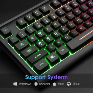 Rii Gaming Keyboard,87-Keys RGB Backlit Compact Keyboard,Silent Computer Keyboard,Wired Tenkeyless Keyboard for Laptop,PC,Windows,Mac