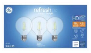 ge lighting 43266 4.5 watt e26 g25 clear daylight led dimmable refresh hd light bulbs 3 count