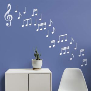 set of 20 vinyl wall art decals - music notes - from 6" to 8" each - modern trendy musical notations home bedroom classroom studio apartment living room work office decor (6" x 8", white)