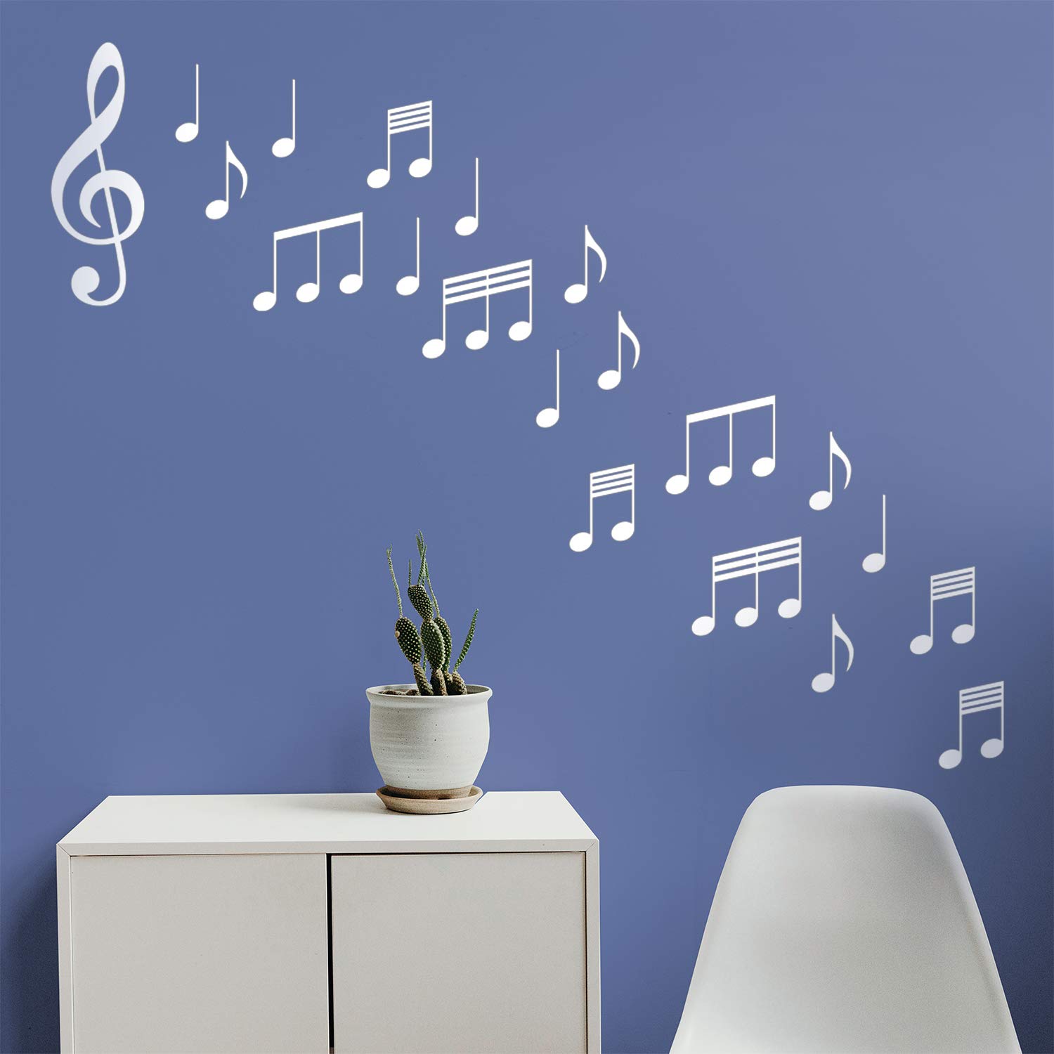 Set of 20 Vinyl Wall Art Decals - Music Notes - from 6" to 8" Each - Modern Trendy Musical Notations Home Bedroom Classroom Studio Apartment Living Room Work Office Decor (6" x 8", White)