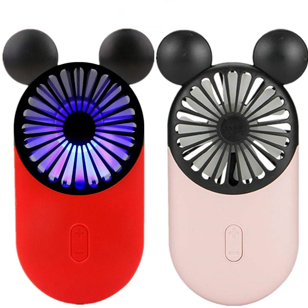 Kbinter Cute Personal Mini Fan, Handheld & Portable USB Rechargeable Fan with Beautiful LED Light, 3 Adjustable Speeds, Portable Holder, for Indoor Outdoor Activities, Cute Mouse 2 Pack (Red+Pink)