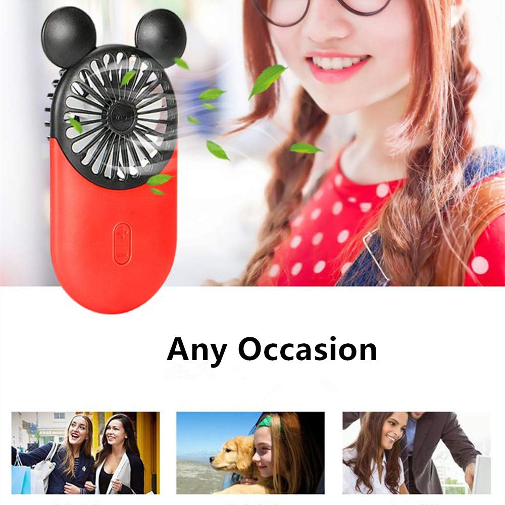 Kbinter Cute Personal Mini Fan, Handheld & Portable USB Rechargeable Fan with Beautiful LED Light, 3 Adjustable Speeds, Portable Holder, for Indoor Outdoor Activities, Cute Mouse 2 Pack (Red+Pink)