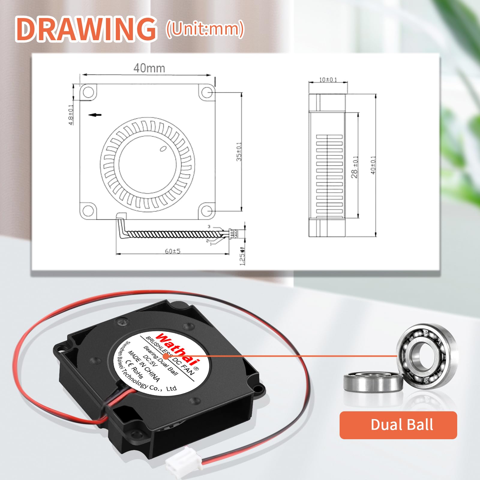 2Packs Wathai DC Blower Fan 4010 Radial Cooling Fan 5V 2 Pin DC 40mm x 10mm Dual Ball