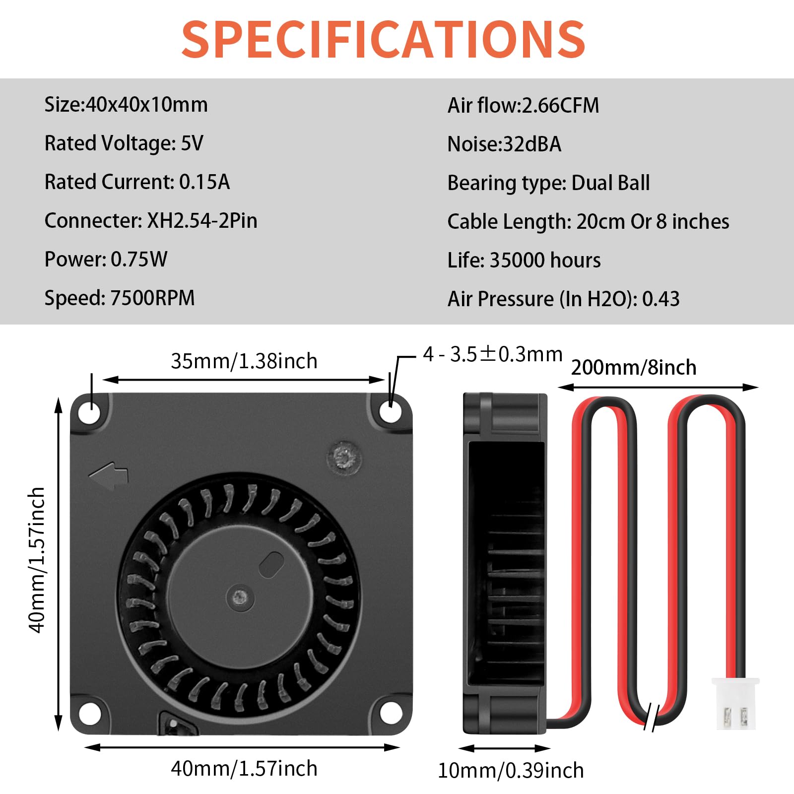 2Packs Wathai DC Blower Fan 4010 Radial Cooling Fan 5V 2 Pin DC 40mm x 10mm Dual Ball