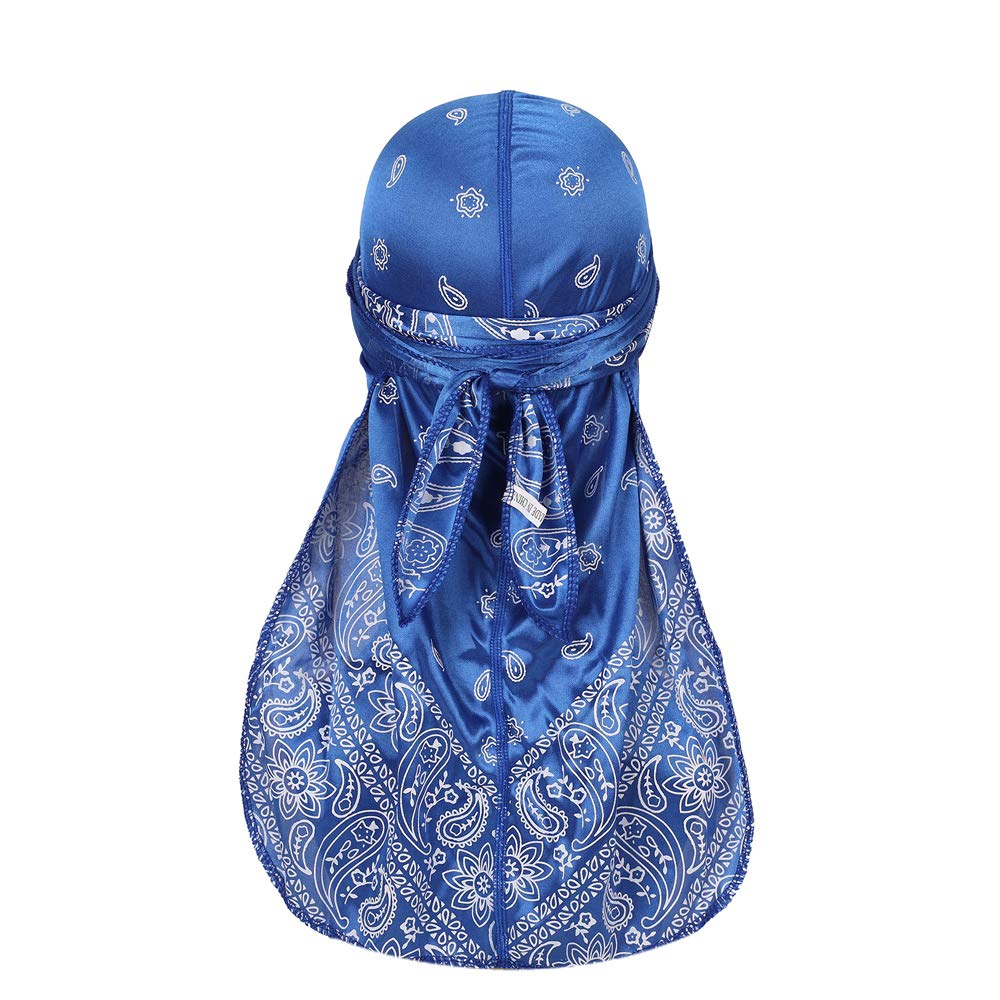 DINPREY Assorted Paisley Bandana Doo rag Cap Headwraps Men's Women's Silk Durag with Long Tail and Wide Straps for 360 Waves (Navy blue,Purple,Blue)