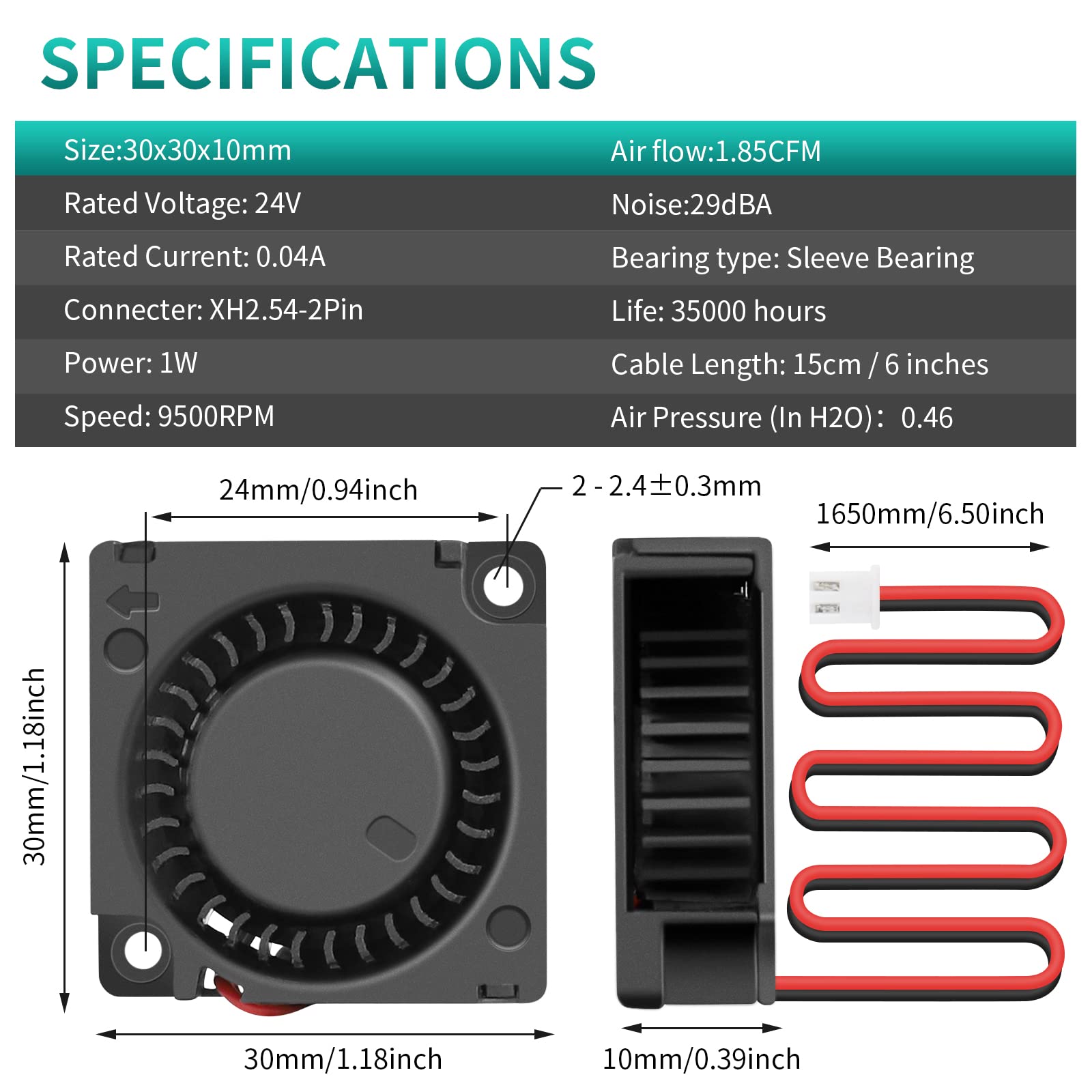 2Packs Wathai 30mm 24V Blower Fan Brushless Exhaust Fan 2pin 30 x 30 x 10mm for DIY Cooling Single Board Computer, Custom Setu, Hotend