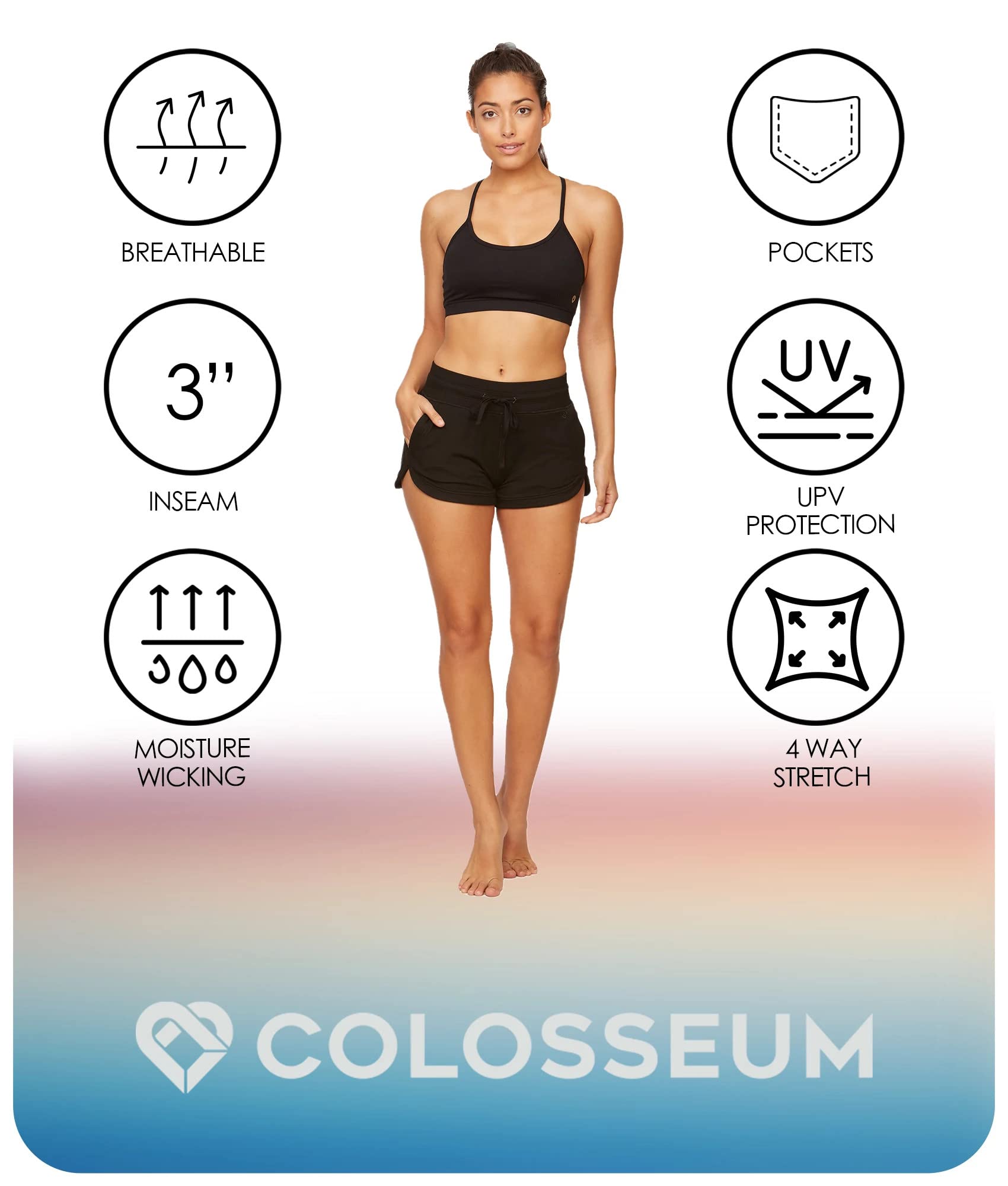 Colosseum Active Women's Junior Fit Four Way Stretch Micro French Terry Dolphin Lounge Short with Pockets (Black, Large)