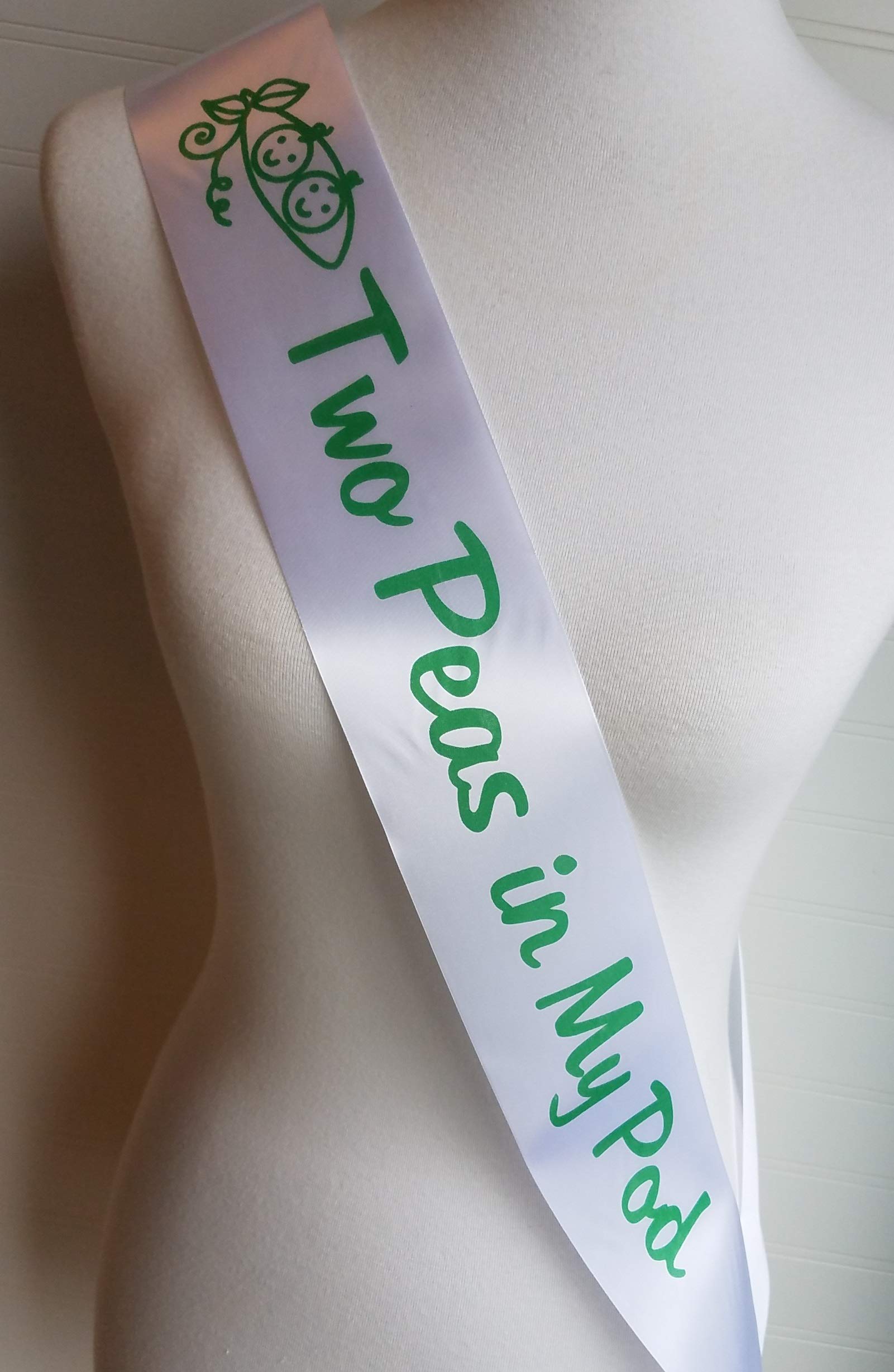 Amy's Bubbling Boutique Twin Baby Shower Sash Two Peas in My Pod for Mom to Be White & Green with Silver Safety Pin