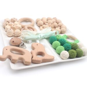 Teething Kit Baby Wooden Beads Rings Supplies, Make Your Own Baby Chew Jewelry, DIY Teether Necklace, 61pcs, Green