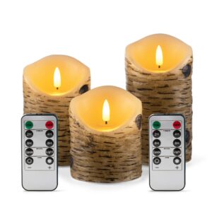 aku tonpa birch bark effect flameless candles battery operated pillar real wax flickering electric led candle sets with remote control cycling 24 hours timer, 4" 5" 6" pack of 3
