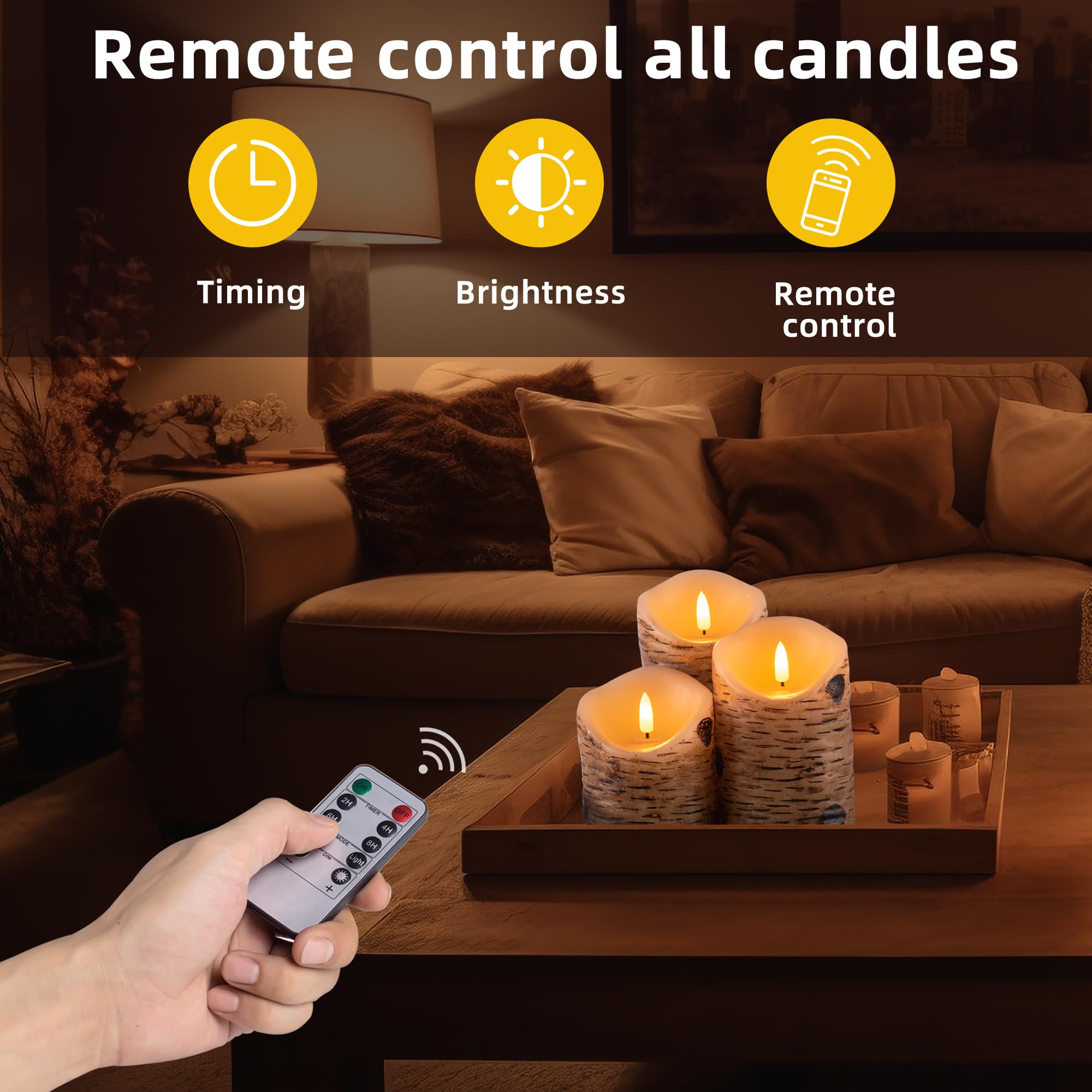 AKU TONPA Birch Bark Effect Flameless Candles Battery Operated Pillar Real Wax Flickering Electric LED Candle Sets with Remote Control Cycling 24 Hours Timer, 4" 5" 6" Pack of 3