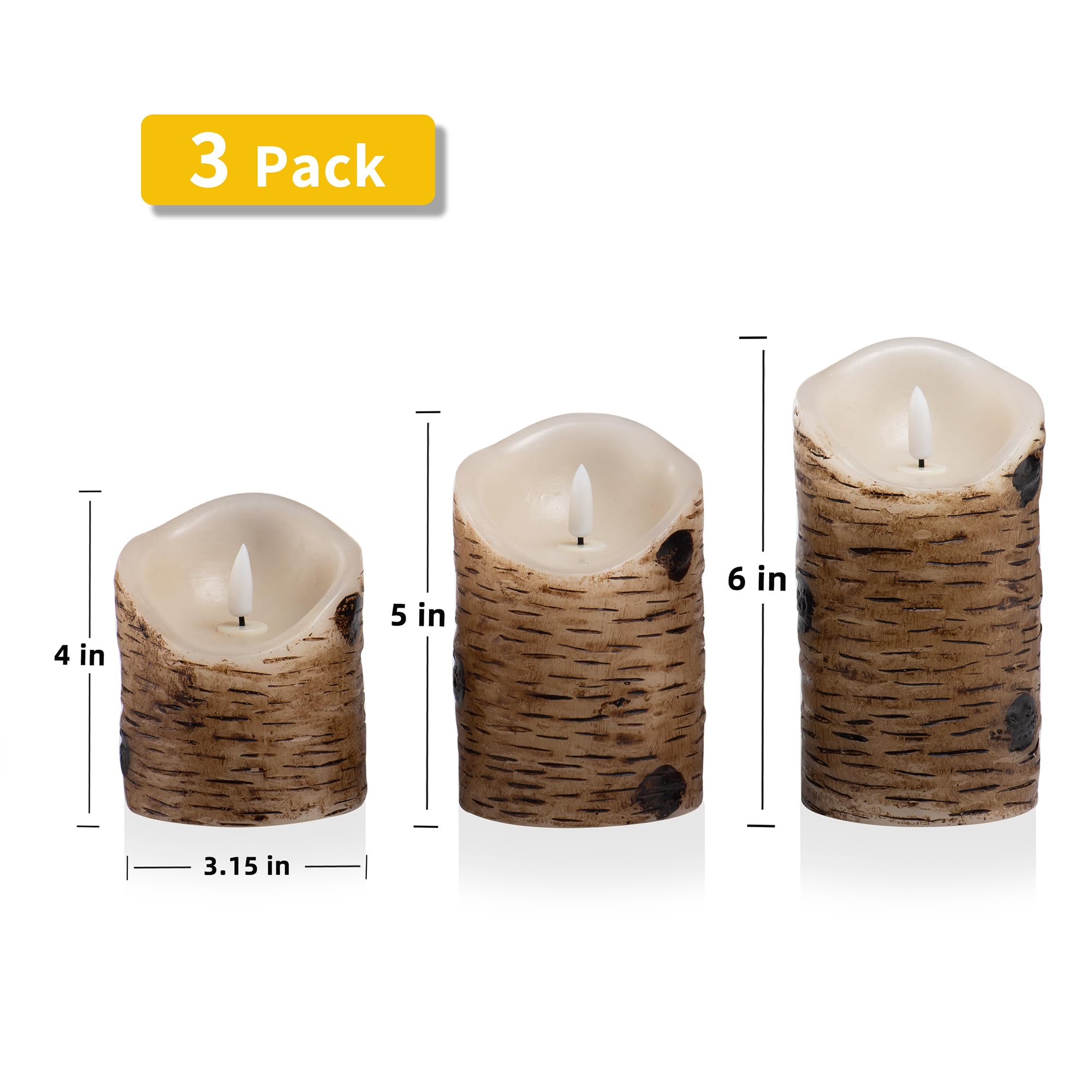 AKU TONPA Birch Bark Effect Flameless Candles Battery Operated Pillar Real Wax Flickering Electric LED Candle Sets with Remote Control Cycling 24 Hours Timer, 4" 5" 6" Pack of 3