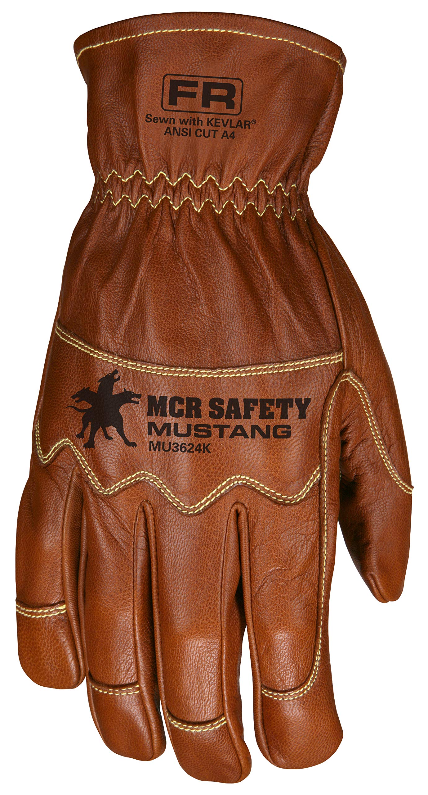 MCR Safety MU3624KXL Mustang Utility Driver Glove, Premium Grain Goat Double Palm, DuPont™ Kevlar® 360 liner, Wing Thumb, Sewn with Kevlar®, Hand Protection, 1 pair, Size X-Large, Brown