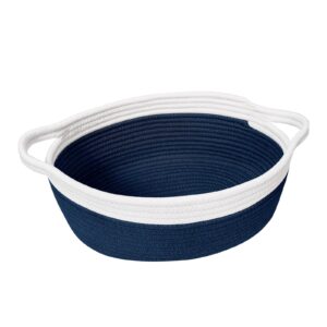 goodpick small woven basket cute navy blue rope basket cotton basket woven storage basket cat toy basket nursery basket with handles for bedroom 12"x 8" x 5" oval candy color design, (pack of 1)