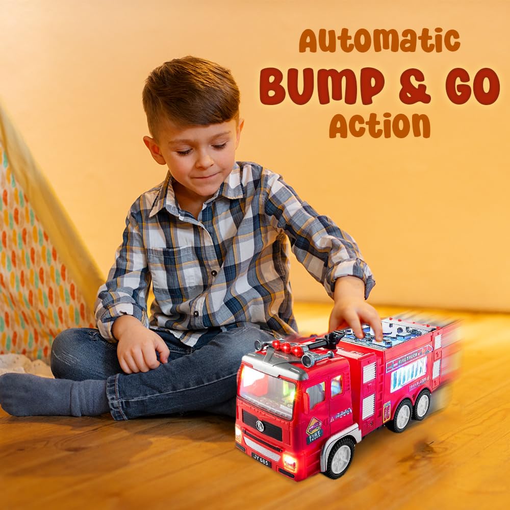 Zetz Brands Fire Truck Toy for Boys, Girls, Kids, w/ 4D LED Lights, Toddlers - Age 3+ Fire Engine Push Toy Car for Little Fireman Real Firetruck Siren Sound, Bump & Go – Ideal Gift