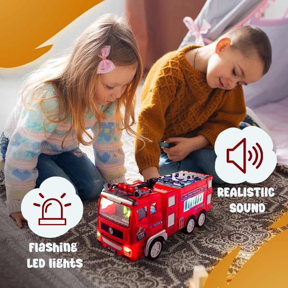 Zetz Brands Fire Truck Toy for Boys, Girls, Kids, w/ 4D LED Lights, Toddlers - Age 3+ Fire Engine Push Toy Car for Little Fireman Real Firetruck Siren Sound, Bump & Go – Ideal Gift