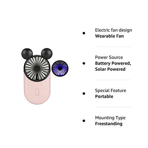 Kbinter Cute Personal Mini Fan, Handheld & Portable USB Rechargeable Fan with Beautiful LED Light, 3 Adjustable Speeds, Portable Holder, for Indoor Or Outdoor Activities, Cute Mouse (Pink)