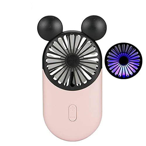 Kbinter Cute Personal Mini Fan, Handheld & Portable USB Rechargeable Fan with Beautiful LED Light, 3 Adjustable Speeds, Portable Holder, for Indoor Or Outdoor Activities, Cute Mouse (Pink)