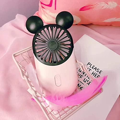 Kbinter Cute Personal Mini Fan, Handheld & Portable USB Rechargeable Fan with Beautiful LED Light, 3 Adjustable Speeds, Portable Holder, for Indoor Or Outdoor Activities, Cute Mouse (Pink)