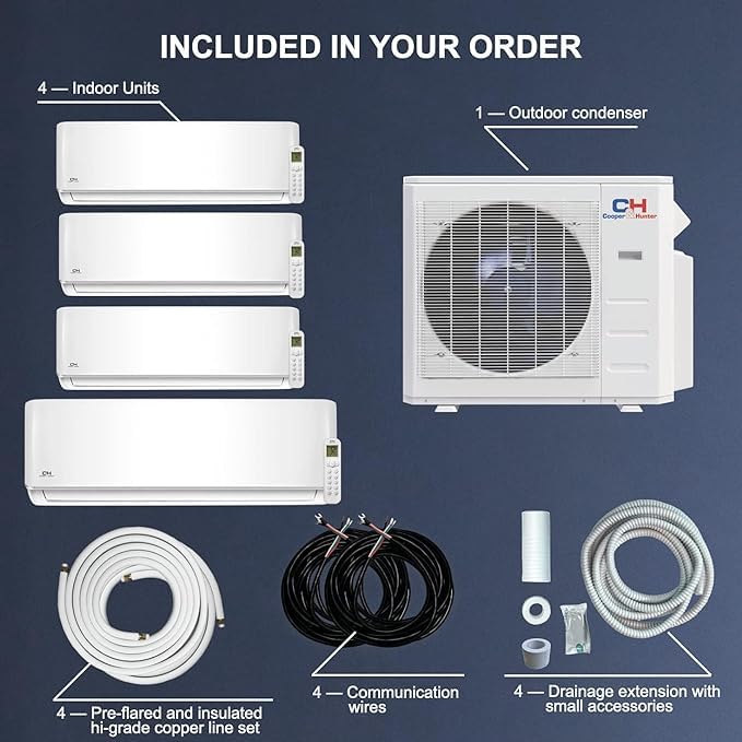 Cooper & Hunter 4 Zone 9000 9000 9000 18000 Mini Split AC/Heating System Heat Pump With 25ft Installation Kit