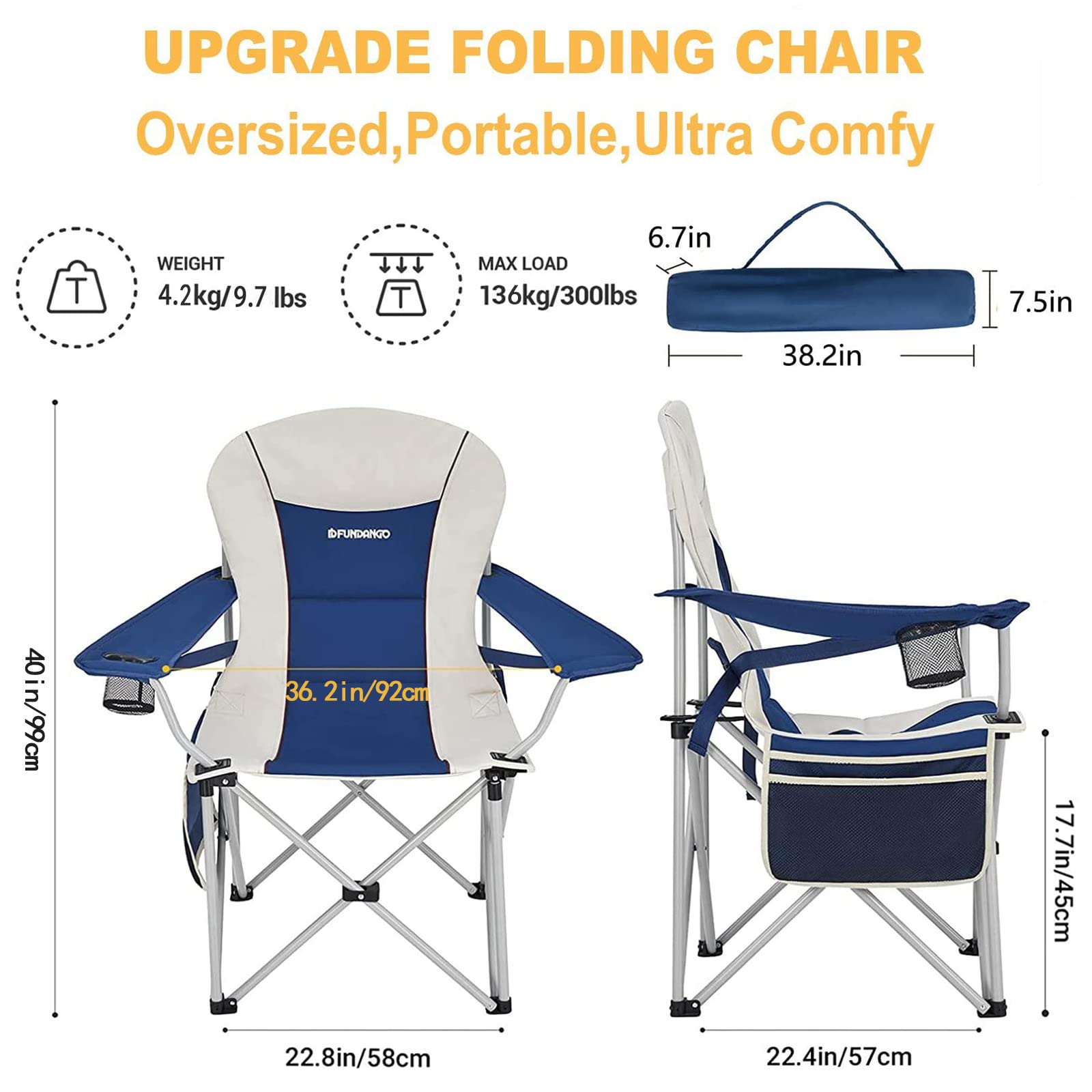 FUNDANGO Oversized Camping Chair with Lumbar Back Support Padded Outdoor Heavy Duty Camping Chair for Adults with Cup Holder, Armrest, Support 300 lbs