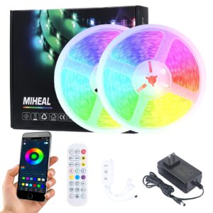 led lights for bedroom bluetooth 65.6ft,2 rolls of 32.8ft,miheal smart led strip lights sync to music color changing lights 5050 rgb with app control,remote for room(white band)