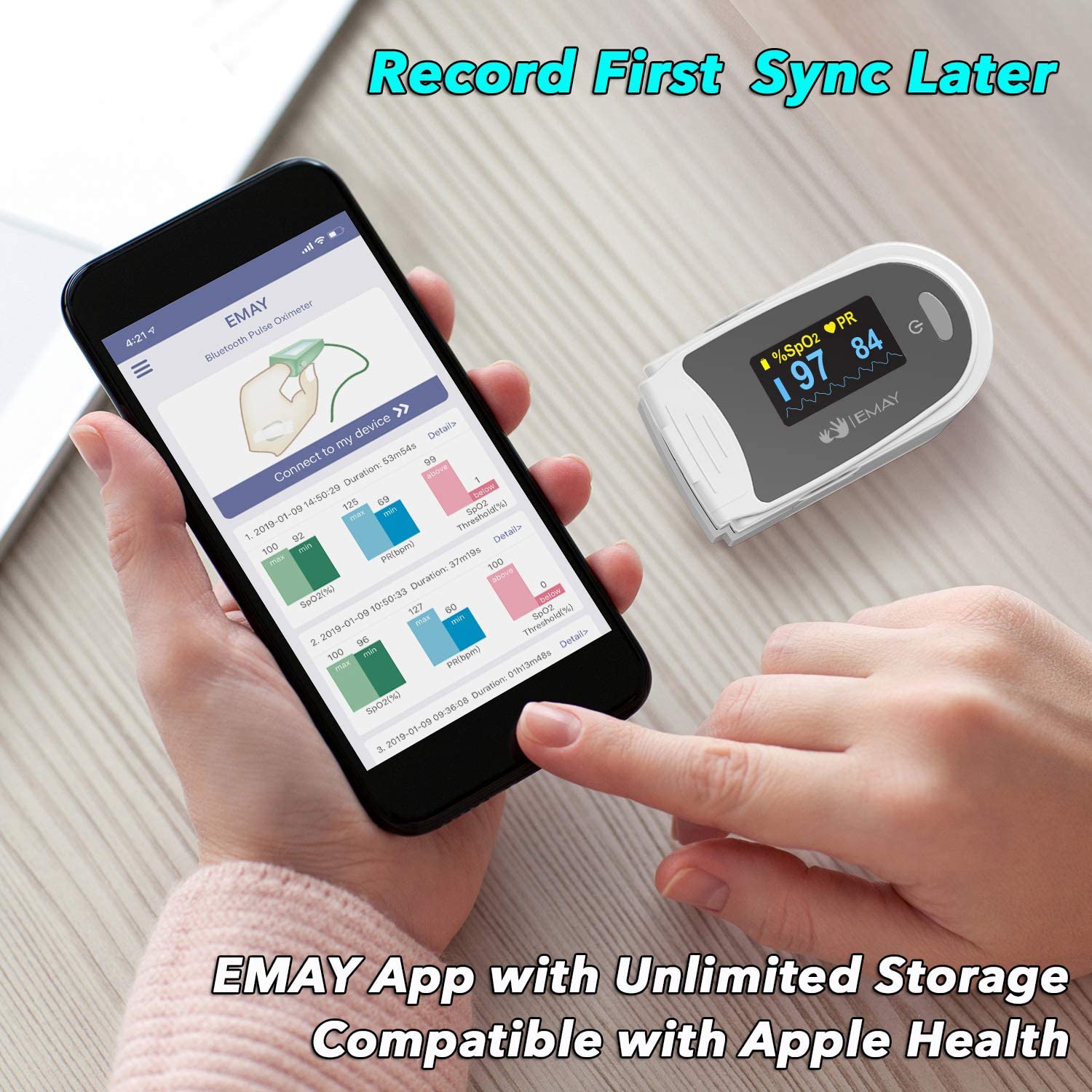 EMAY Sleep Oxygen Monitor with Built-in Recording Capability | Track Continuous Blood Oxygen Levels & Pulse Rate Overnight | Provides Sleep Report & Raw Data