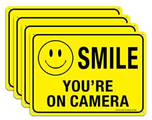 (4 pack) faittoo smile you're on camera sign, 10x7 reflective rust free .40 aluminum, uv protected, weather resistant, durable ink, indoor & outdoor use for home business cctv security camera