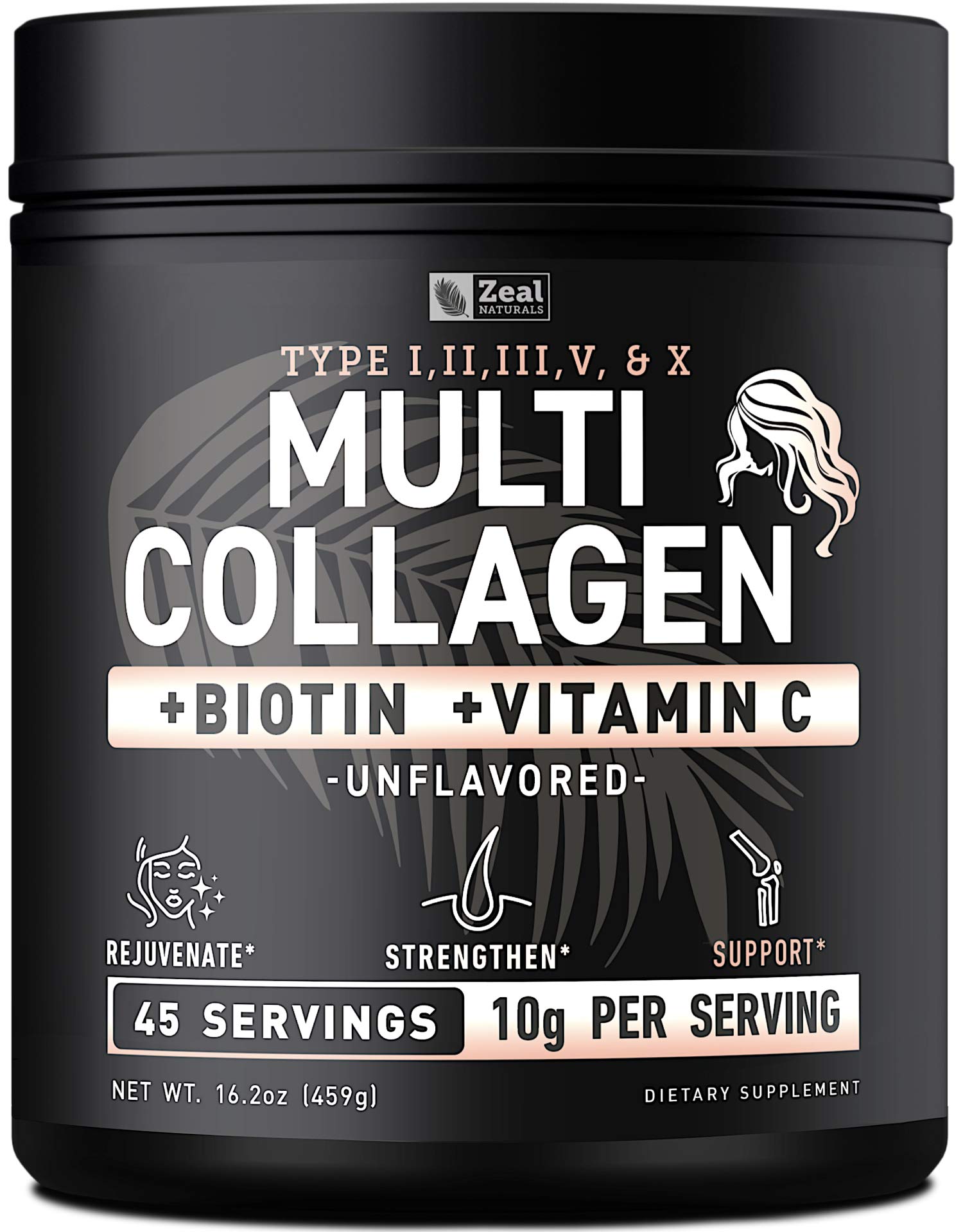 Premium Multi Collagen Peptides Protein Powder (1, 2, 3, 5 & 10) with Vitamin C, Biotin, Hyaluronic Acid, for Hair Skin and Nails - Marine, Bovine, Chicken & Eggshell (Unflavored, 45 Servings)