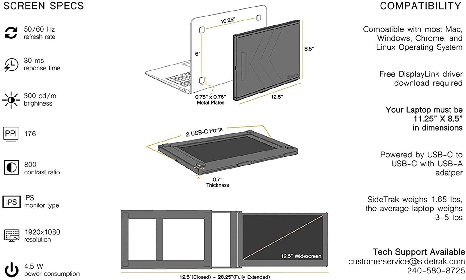 SideTrak Slide Portable Monitor for Laptop 12.5" FHD 1080P IPS Attachable Laptop Screen | Efficient USB Power | Compatible with Mac & Chrome 13" -17" Laptops (Patent Pending) | Black