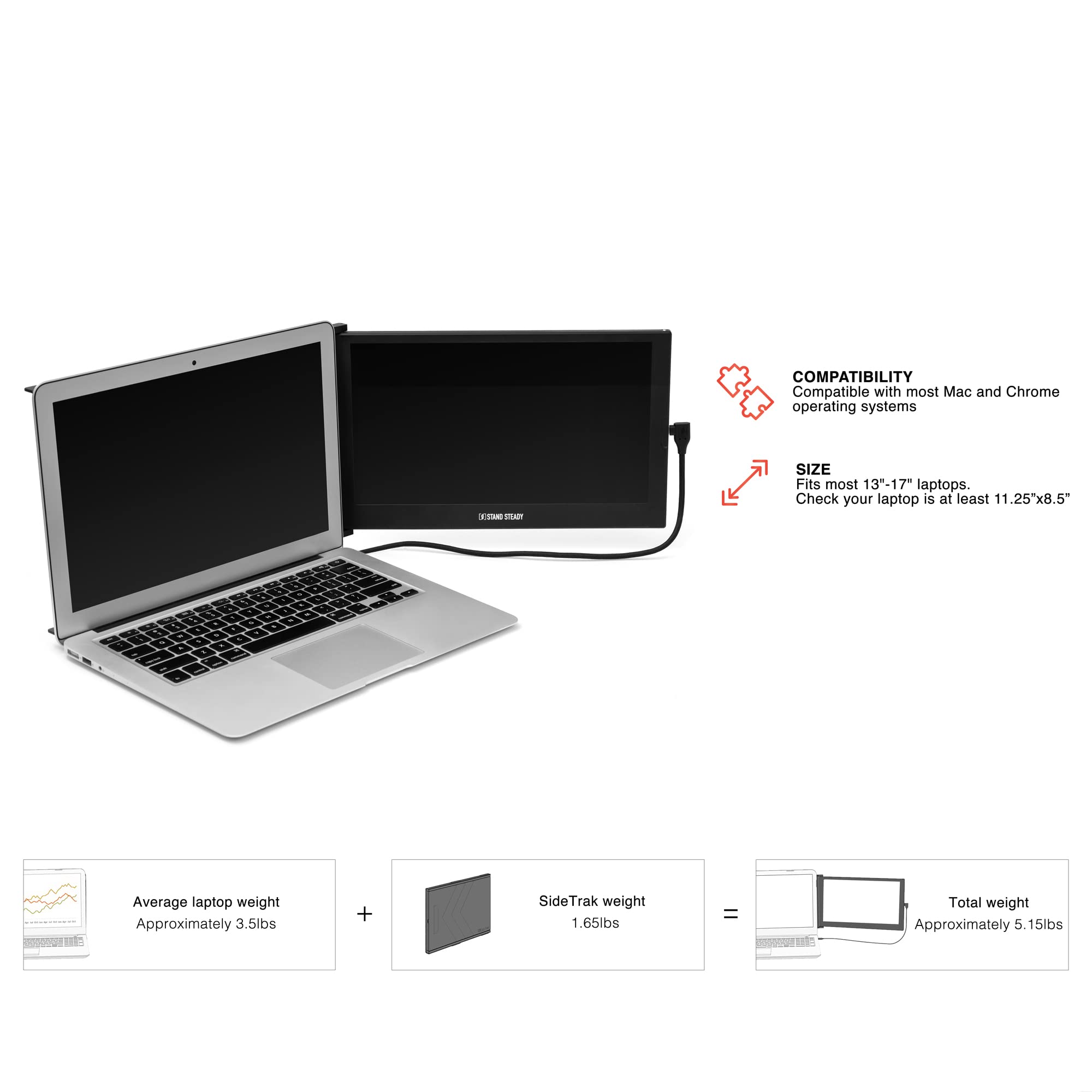 SideTrak Slide Portable Monitor for Laptop 12.5" FHD 1080P IPS Attachable Laptop Screen | Efficient USB Power | Compatible with Mac & Chrome 13" -17" Laptops (Patent Pending) | Black