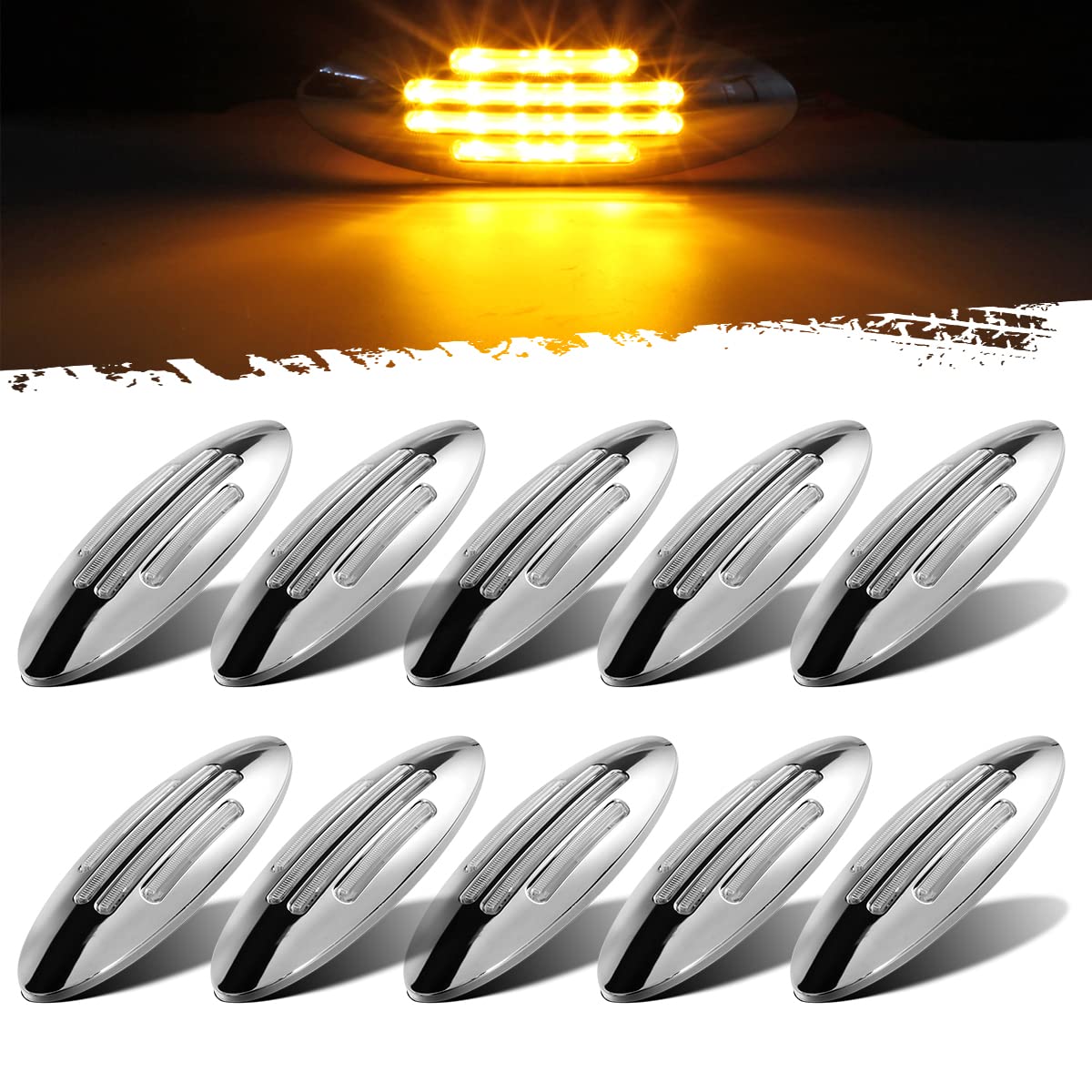 Partsam 10Pcs 6-3/5 Inch Flatline Oval Amber 24LED Side Marker Clearance Lights with Bullet Plug, Front Fender Panel Lights for Semi Trucks, Flush Mount, Waterproof