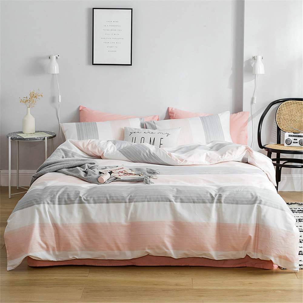 DREAMINGO Striped Bedding Set Modern Peach White Gray Color Duvet Cover 2 Pillow Cases Set Premium Cotton Queen Girls Duvet Cover Simple Home Chic Style Bed Set (No Filling)