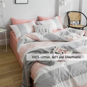 DREAMINGO Striped Bedding Set Modern Peach White Gray Color Duvet Cover 2 Pillow Cases Set Premium Cotton Queen Girls Duvet Cover Simple Home Chic Style Bed Set (No Filling)