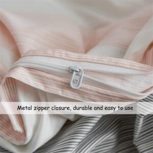 DREAMINGO Striped Bedding Set Modern Peach White Gray Color Duvet Cover 2 Pillow Cases Set Premium Cotton Queen Girls Duvet Cover Simple Home Chic Style Bed Set (No Filling)