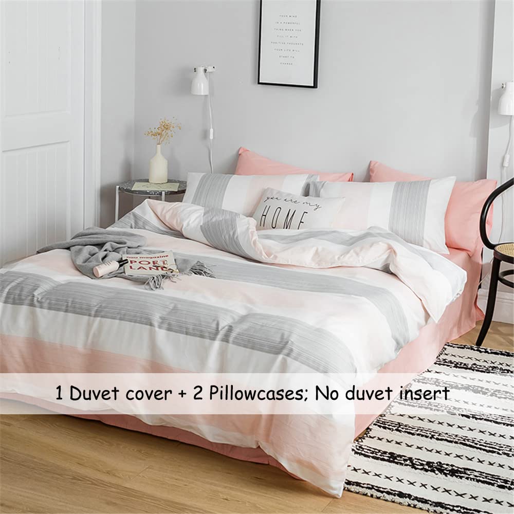 DREAMINGO Striped Bedding Set Modern Peach White Gray Color Duvet Cover 2 Pillow Cases Set Premium Cotton Queen Girls Duvet Cover Simple Home Chic Style Bed Set (No Filling)