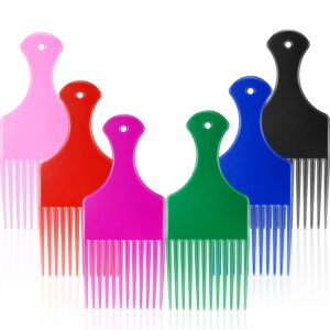 6 pieces hair pick comb, 6.5 inch smooth plastic wide hair pick comb, afro hair comb, hairdressing styling tool for natural curly hair (black, blue, pink, green, red, purple)