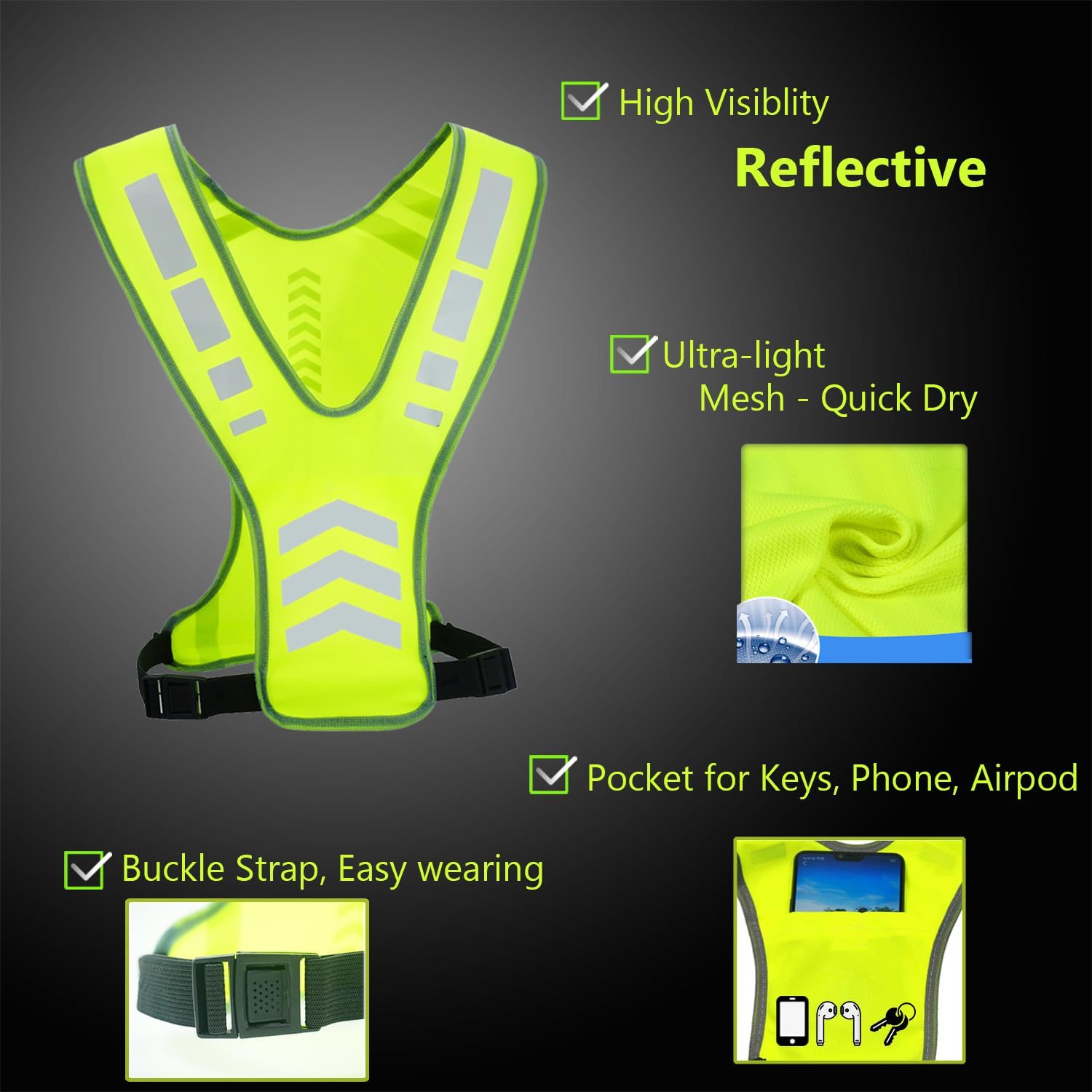 TOURUN Reflective Running Vest Gear with Pocket for Women Men Kids, Safety Reflective Vest Bands for Night Cycling Walking Bicycle Jogging