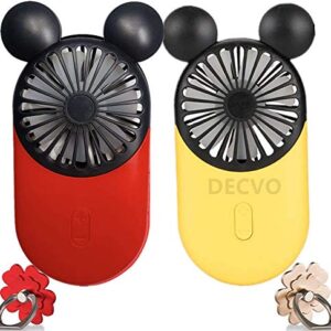 DECVO Cute Personal Mini Fan, Handheld & Portable USB Rechargeable Fan with Beautiful LED Light, 3 Adjustable Speeds, Portable Holder, for Indoor Or Outdoor Activities, Cute Mouse 2 Pack (Red+Yellow)