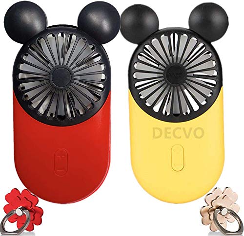 DECVO Cute Personal Mini Fan, Handheld & Portable USB Rechargeable Fan with Beautiful LED Light, 3 Adjustable Speeds, Portable Holder, for Indoor Or Outdoor Activities, Cute Mouse 2 Pack (Red+Yellow)