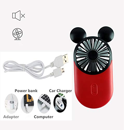 DECVO Cute Personal Mini Fan, Handheld & Portable USB Rechargeable Fan with Beautiful LED Light, 3 Adjustable Speeds, Portable Holder, for Indoor Or Outdoor Activities, Cute Mouse 2 Pack (Red+Yellow)